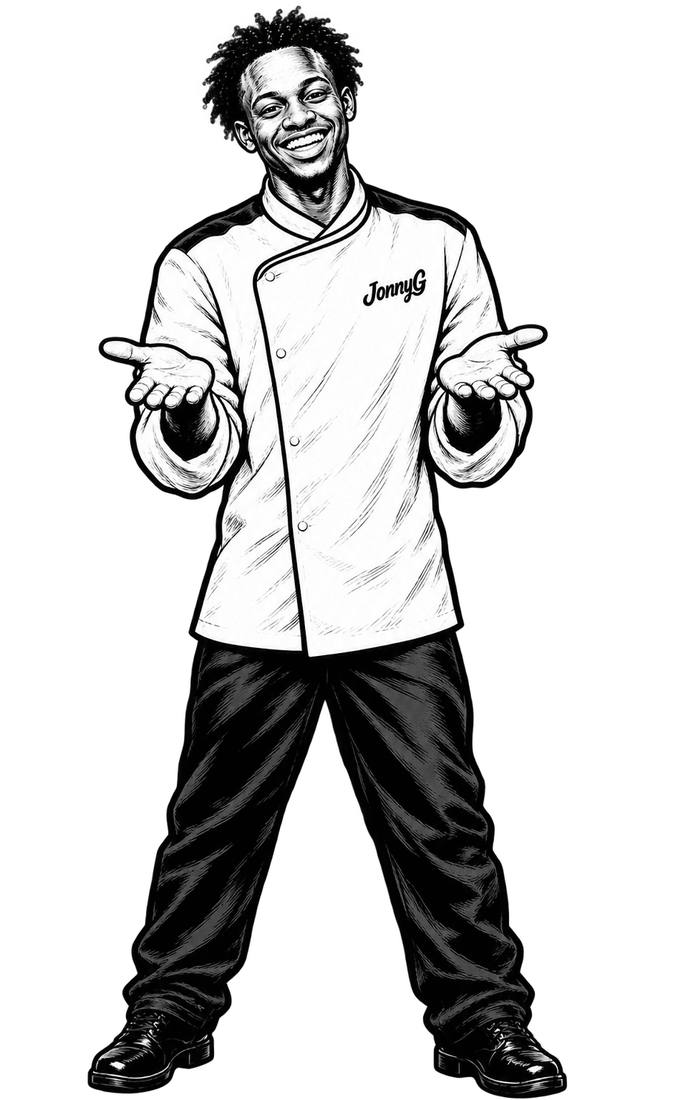 Illustration of Chef JonnyG smiling in his chef coat with his arms open wide